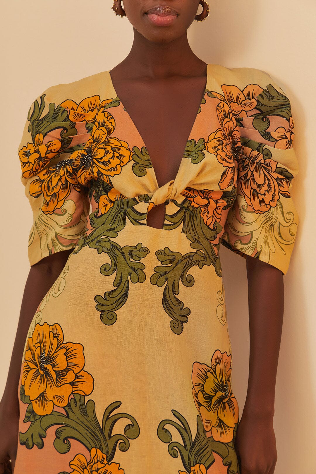 Cream Delicate Flower Premium Linen Midi Dress