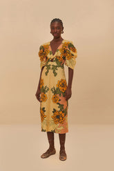 Cream Delicate Flower Premium Linen Midi Dress