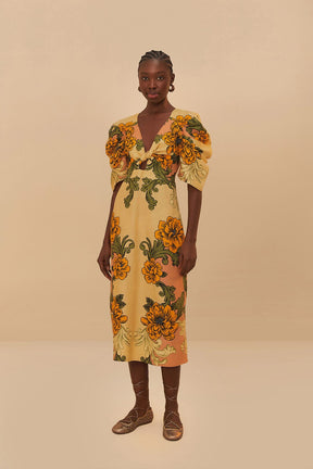 Cream Delicate Flower Premium Linen Midi Dress