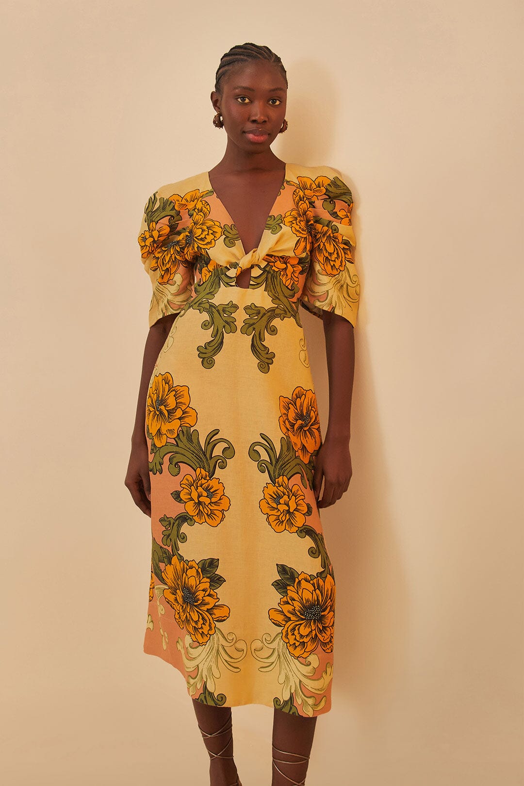 Cream Delicate Flower Premium Linen Midi Dress