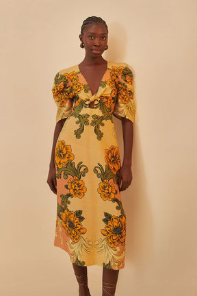 Cream Delicate Flower Premium Linen Midi Dress