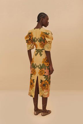 Cream Delicate Flower Premium Linen Midi Dress