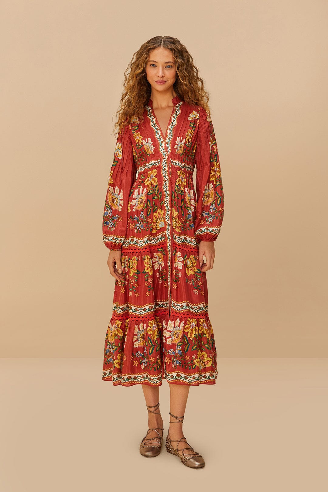 Red Garden Delight Long Sleeve Midi Dress