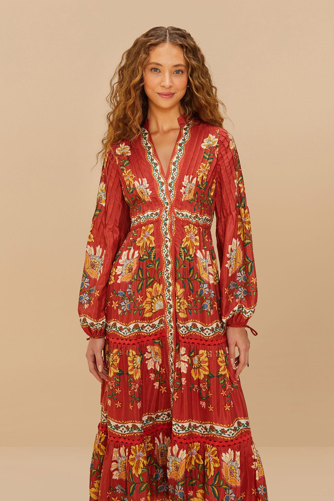 Red Garden Delight Long Sleeve Midi Dress