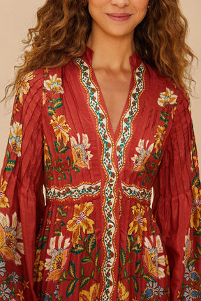 Red Garden Delight Long Sleeve Midi Dress