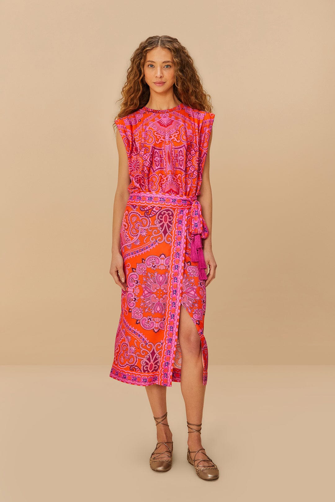 Red Paisley Scarf Viscose Midi Skirt