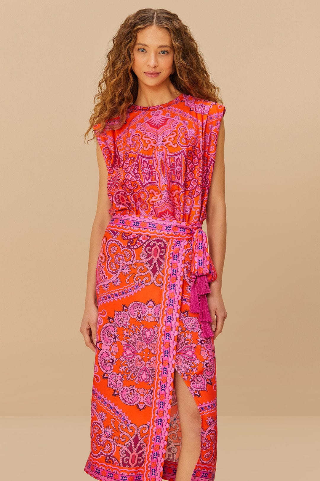 Red Paisley Scarf Viscose Midi Skirt