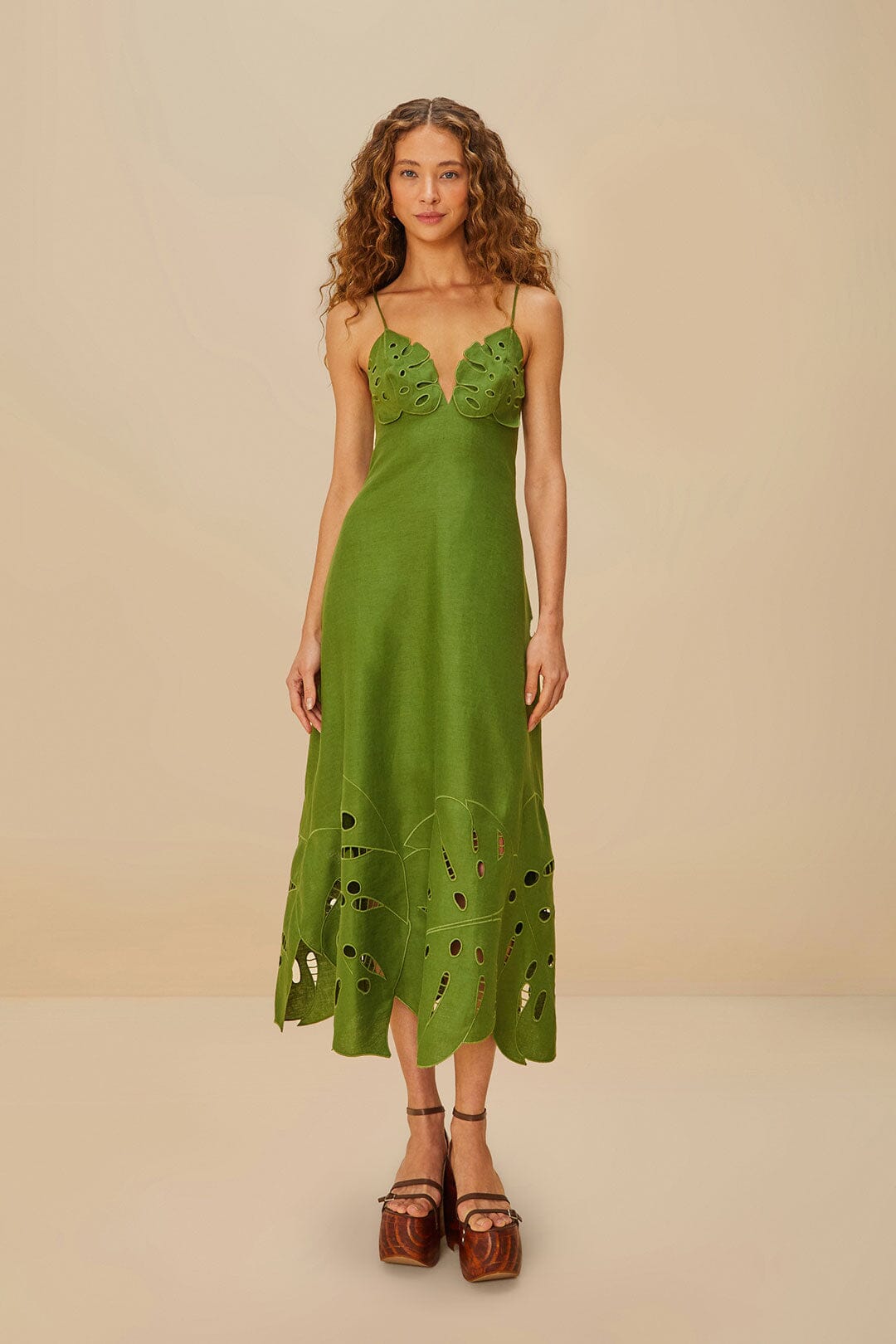 Green Monstera Embroidered Euroflax™ Premium Linen Midi Dress