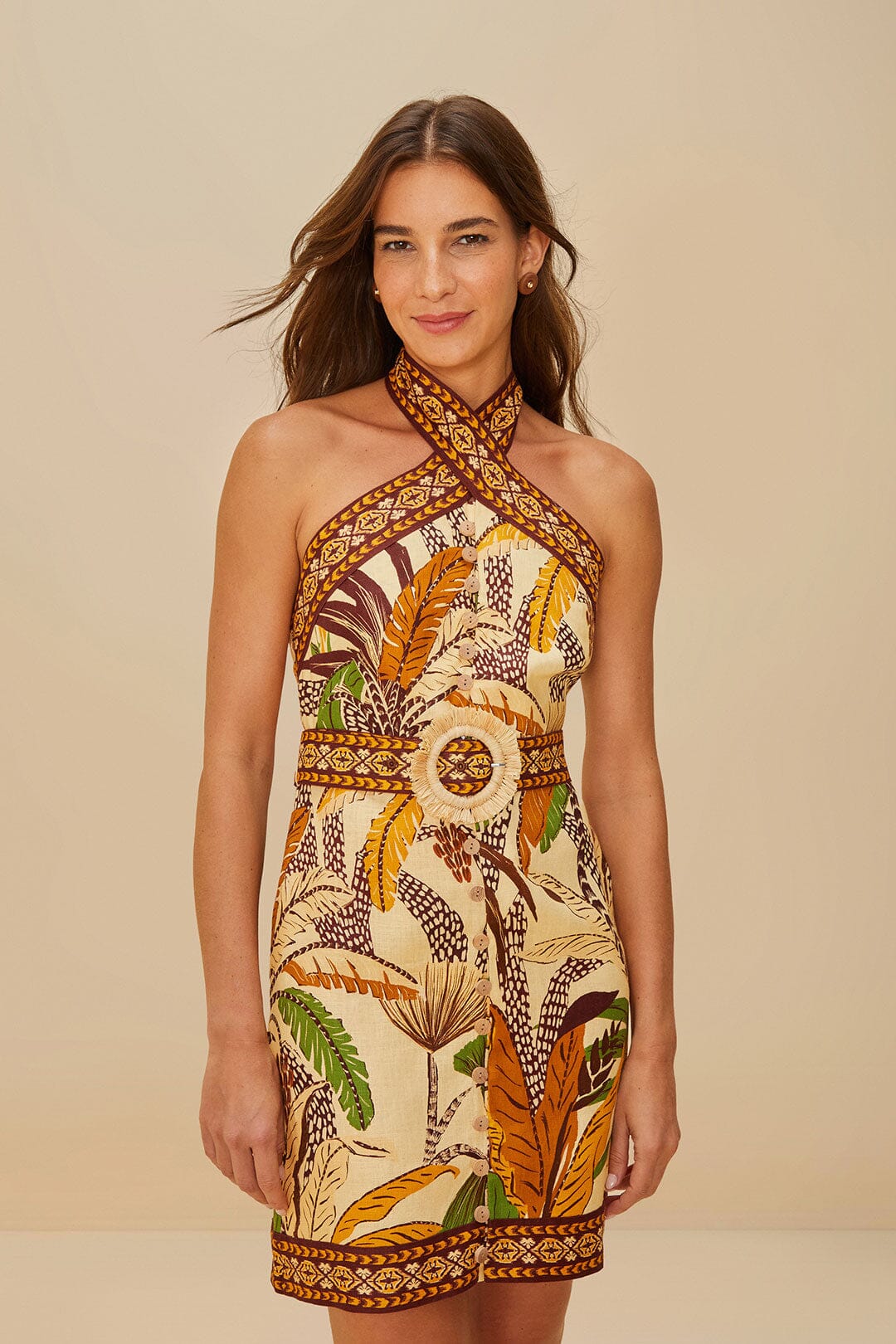 Sand Foliage Sketch Premium Linen Mini Dress