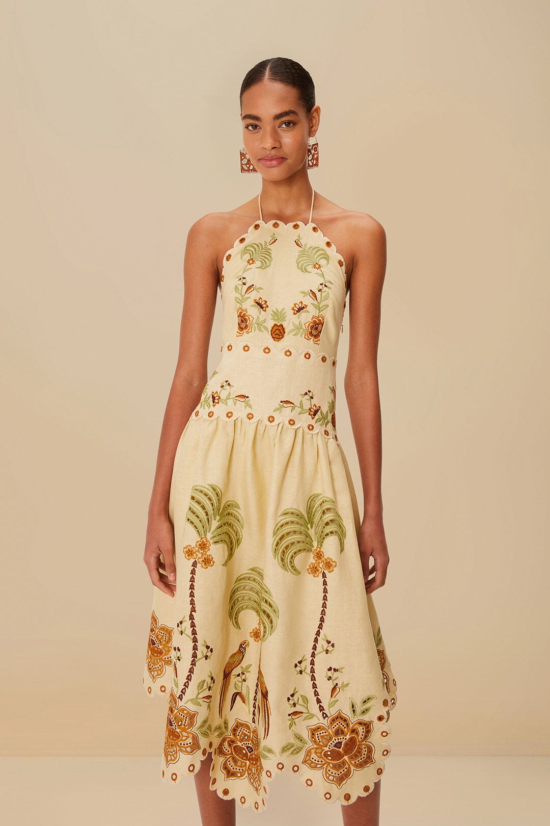 Sand Delicate Forest Richelieu Embroidered Euroflax™ Premium Linen Midi Dress
