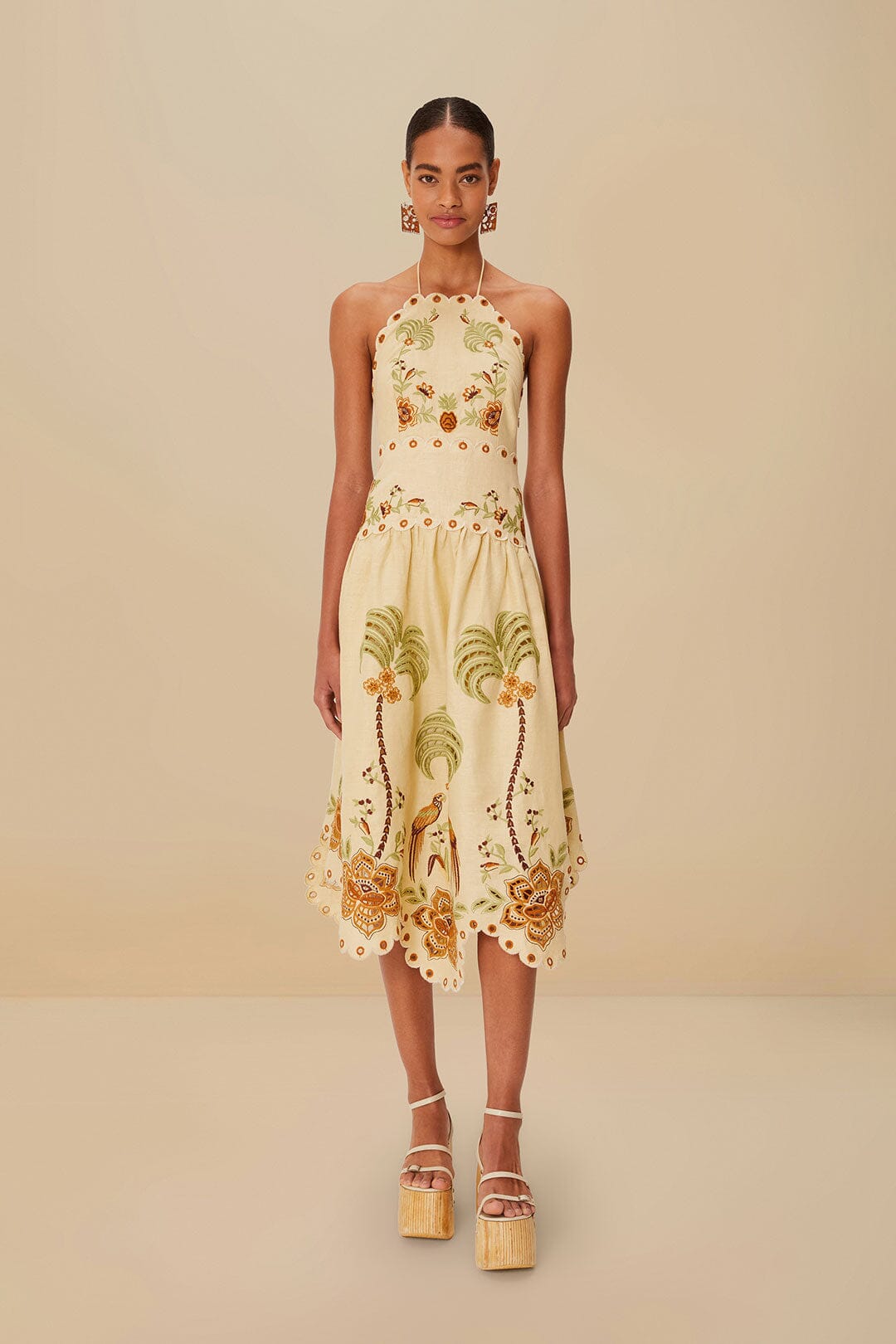 Sand Delicate Forest Richelieu Embroidered Euroflax™ Premium Linen Midi Dress